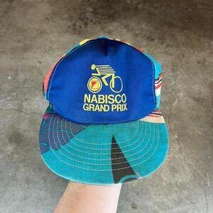 Vintage Nabisco Grand Prix Cycling Cap 80s Abstract Multicolor Leather Strapback